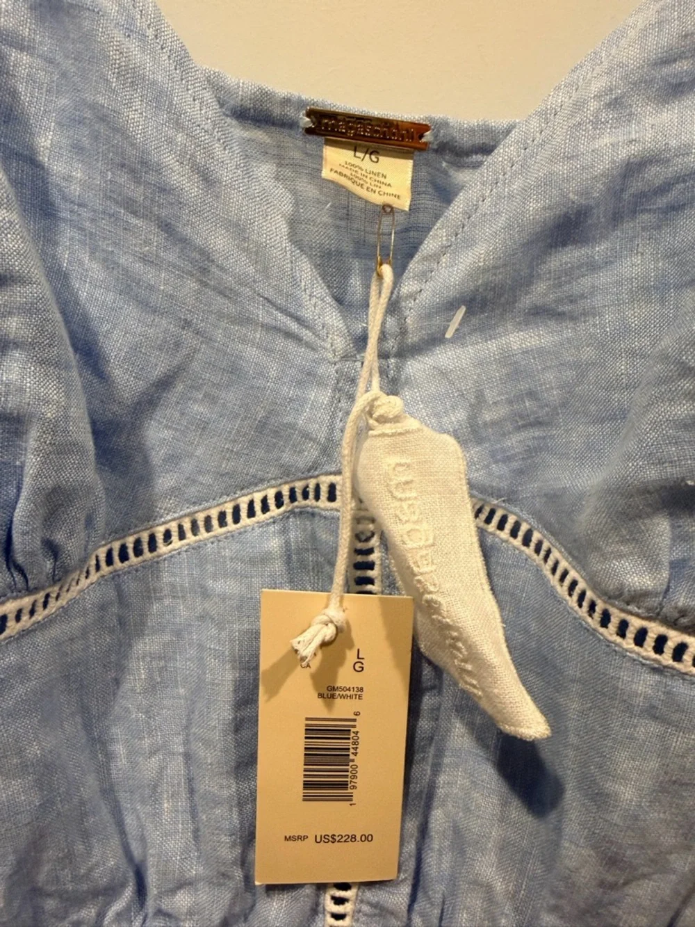 Magaschoni Light Blue Linen Blend Top with Eyelet Trim - Picture 4 of 6